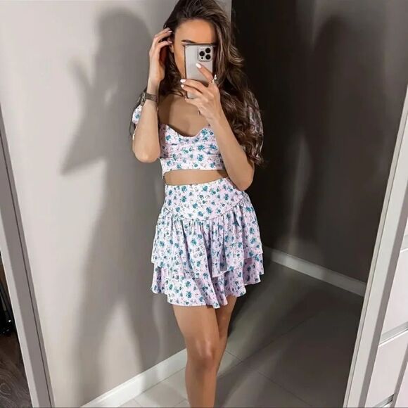 ZARA FLORAL SATIN EFFECT RUFFLED SKIRT - Picture 5 of 15